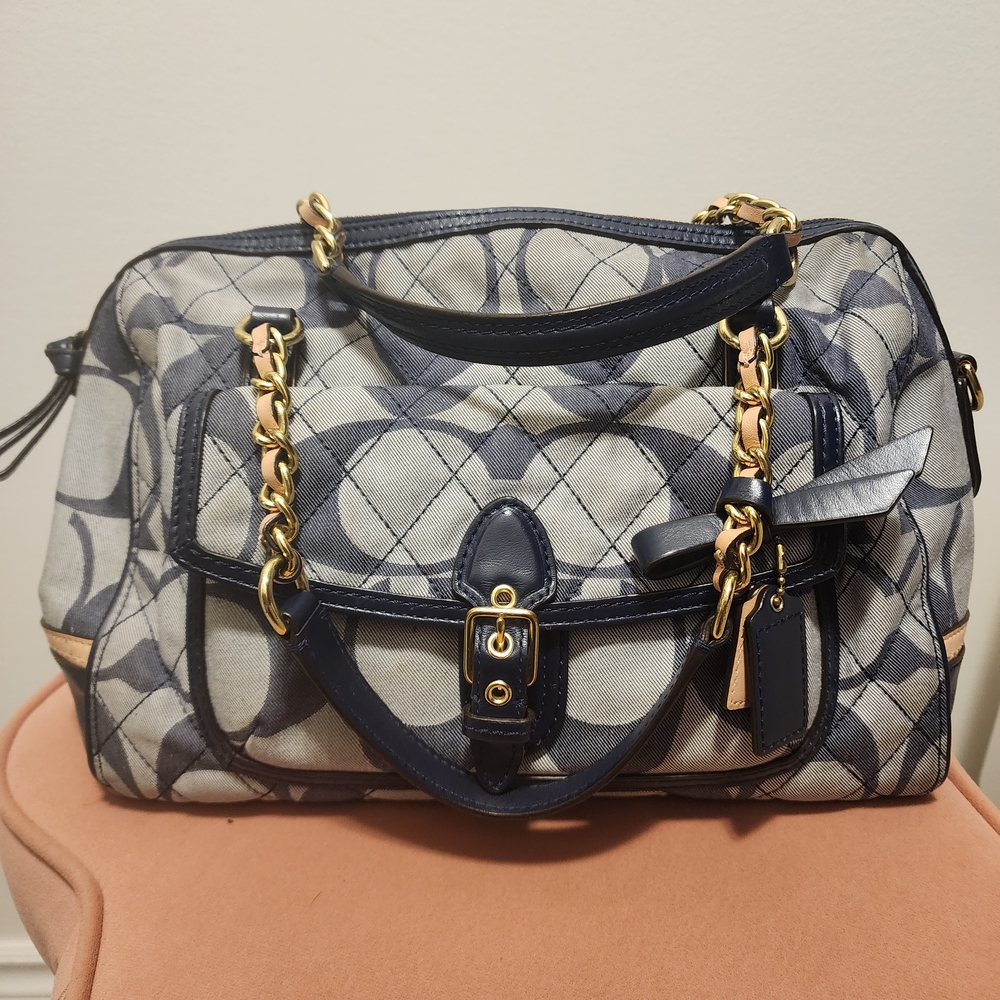Coach Navy and Gray Satchel with Gold Accents